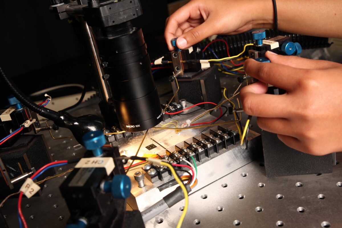 Electrical conductivity is measured for a thermoelectric polymer film in the laboratory of Shannon Yee at the Georgia Institute of Technology. (Credit: Candler Hobbs, Georgia Tech).