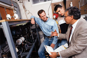 Professor Said Abdel-Khalik, Jonathan Kennedy (B.S., Georgia Tech) and Gregory Ranch (B.S., U.S. Naval Academy) conduct an experiment on critical heat flux and the onset of flow and instability in prototypical microchannels for the Savannah River Site project for accelerator production of tritium.