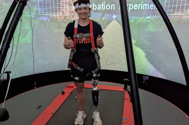 Nathan Wallace testing the microprocessor-powered leg in the Exoskeleton and Prosthetic Intelligent Controls (EPIC) Lab at Georgia Tech. 