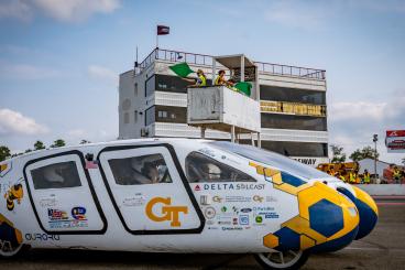Georgia Tech Solar Racing's SR-4 Aurora on the track during the Formula Sun Grand Prix. Photo credit: Innovators Educational Foundation/American Solar Challenge