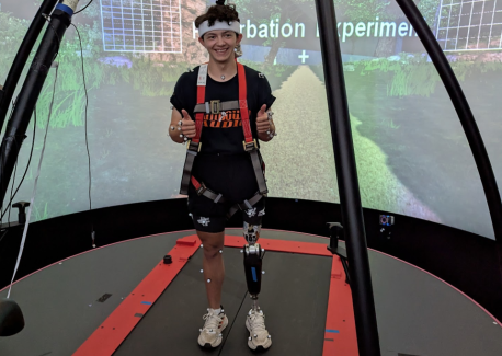 Nathan Wallace testing the microprocessor-powered leg in the Exoskeleton and Prosthetic Intelligent Controls (EPIC) Lab at Georgia Tech. 